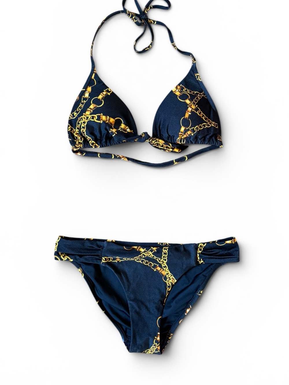 Victoria’s Secret NWOT Black & Gold Chain Print Triangle Bikini Set Size M
